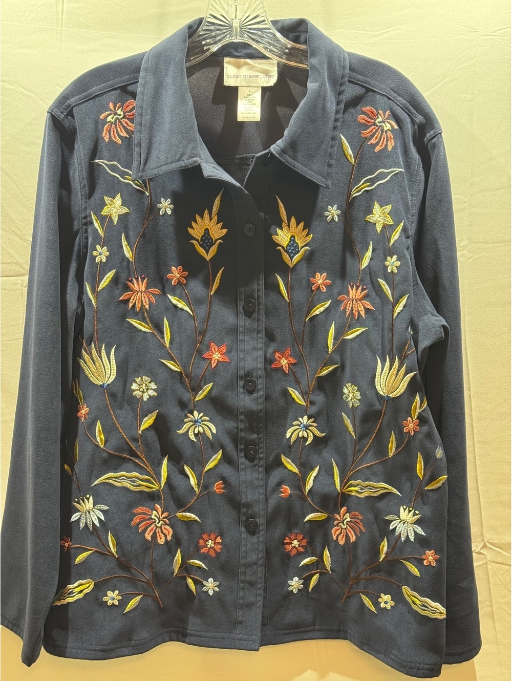 Susan Graver Style Women’s L Navy Floral Embroidered Faux Suede Jacket Boho